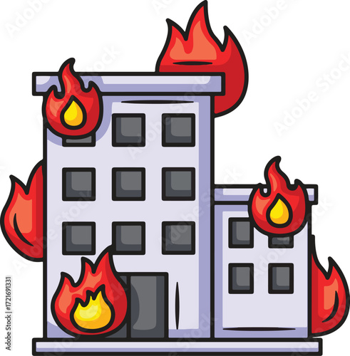 A cartoon illustration of a multistory building on fire