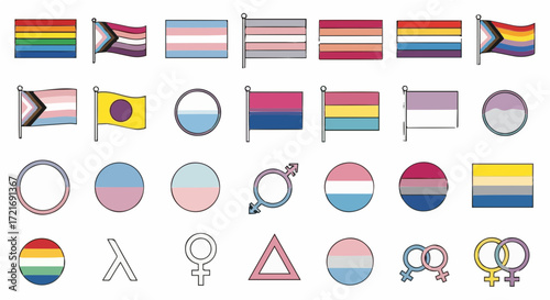 Collection of various lgbtq pride flags and symbols in a minimalist style