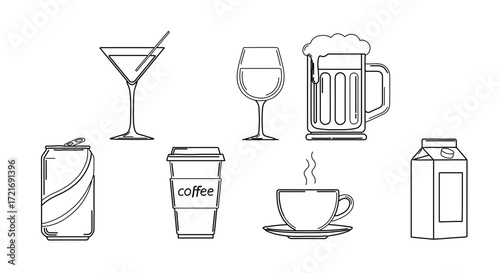 Collection of various drink illustrations in a minimalist line art style
