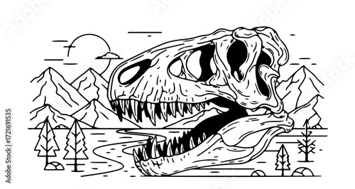 Monochrome illustration of a dinosaur skull in a landscape with mountains, trees, and a river
