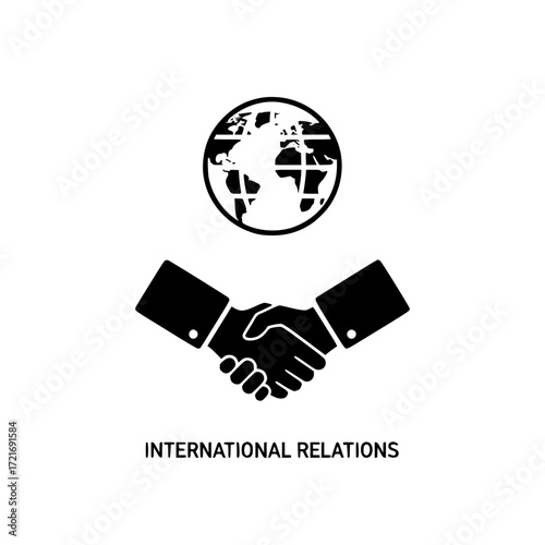 Global handshake and earth icon representing international relations and cooperation