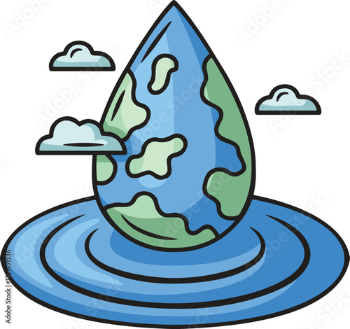 A cartoon drop of water resembling Earth resting in a blue pond