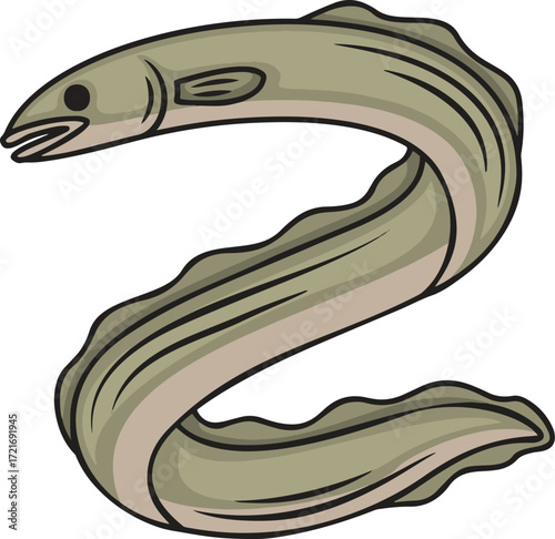 A cartoon eel with a graygreen body and black stripes forming the shape of a numeral 2
