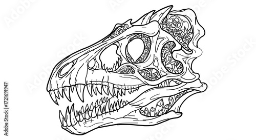 Detailed dinosaur skull illustration, , showcasing the intricate bone structure and ancient power