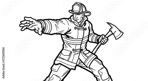 A firefighter in action, a line drawing of a brave first responder