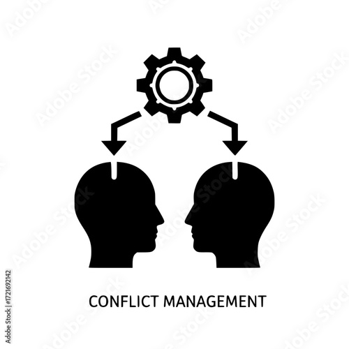 Symbolic image of conflict management with gears and human heads representing resolution strategies