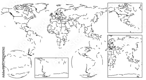 World map sketch showing continents, countries, and oceans in a minimalist style