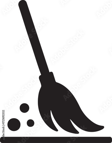 Silhouette broom sweeping glyph icon representing cleaning, hygiene, and maintenance tasks.
