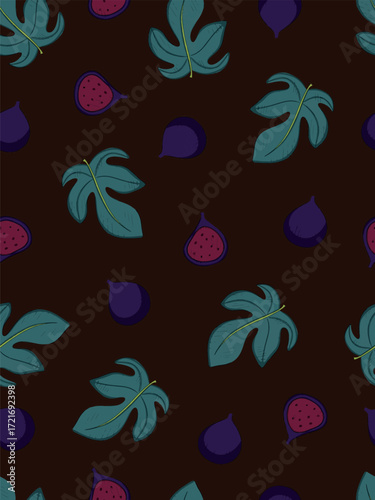 Fig and Leaf seamless pattern Illustration on a Brown Field