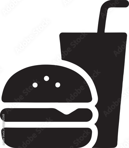 Silhouette burger and drink combo icon representing fast food, meal, snack, and refreshment.