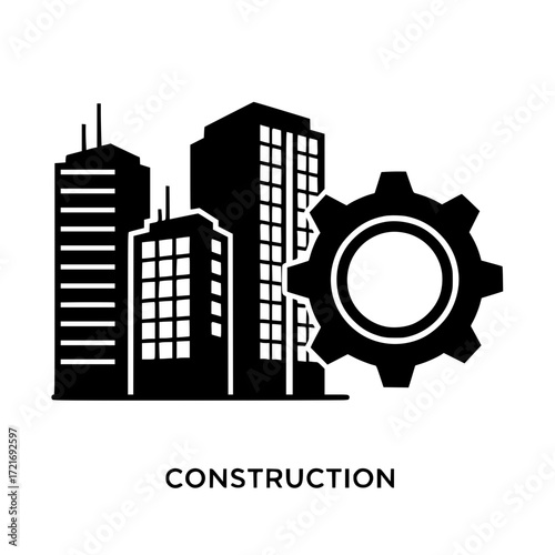 Modern building construction with gear icon represents engineering and industry concepts