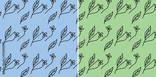 Decorative brush stroke hand-drawn abstract leaf with flower seamless pattern with color variations