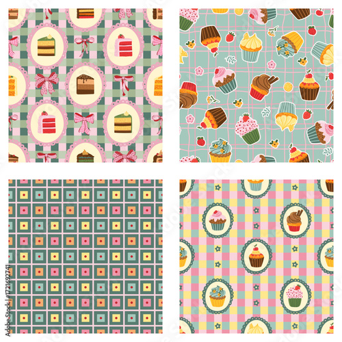 Piece of cake Checkerboard tartan retro background pastel tones seamless pattern Coquette Bow set