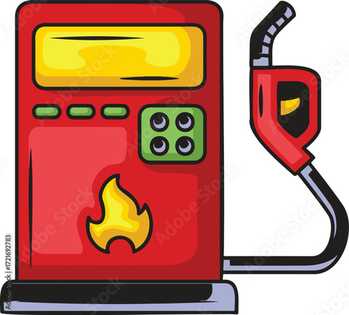 A cartoon gas pump with a nozzle and flame symbol