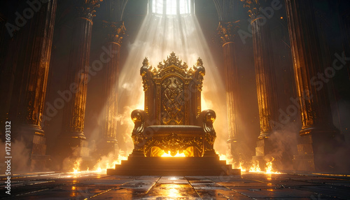 Ancient golden throne surrounded by glowing light, epic fantasy vibe