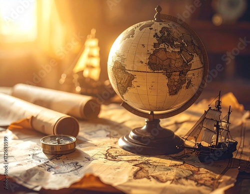 Columbus Day Exploration – Antique Globe, Sailing Ships, and Compass
