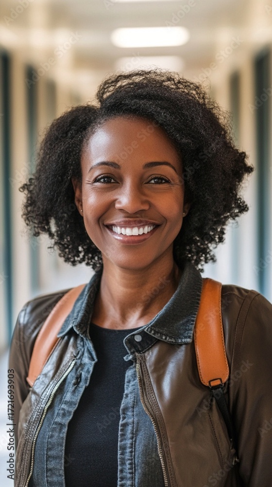 Fototapeta premium Confident young professional with radiant smile standing in hallway, wearing denim jacket and leather vest, showcasing urban professional style and positive energy