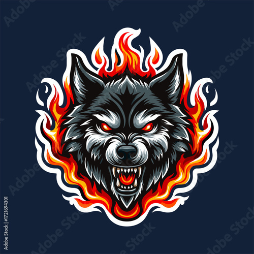 Flaming wolf head tshirt design with intense red eyes for a bold and fierce style. Ideal for clothing brands logo.