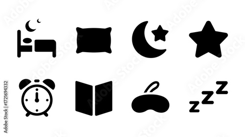 A collection of simple vector icons representing sleep and bedtime. Icons include a pillow, a moon, a star, an alarm clock, a book, an eye mask, and the "zzz" symbols.
