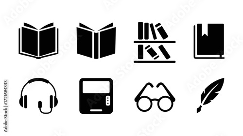 A set of vector icons representing the world of literature, including physical books, audiobooks, e-readers, and the traditional quill pen, as well as modern accessories like headphones and glasses.