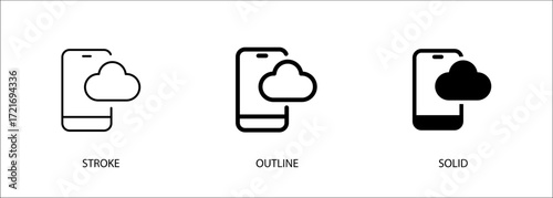 Smartphone icon with cloud computing for online storage, devices, technology. Editable vector stroke, outline and solid icon. Eps10 file.