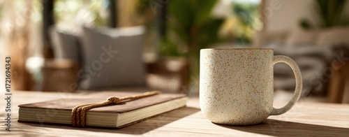 The Ceramic Mug on a Sunlit Wooden Table Outdoors for Morning Inspiration