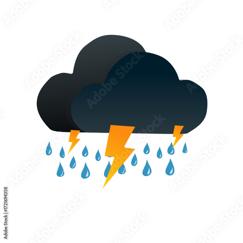 Simple Flat Style Raining Storm Cloud with Lightning Illustration