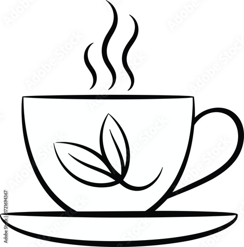 Steaming Cup of Tea with Leaf Design on White Background drink beverage