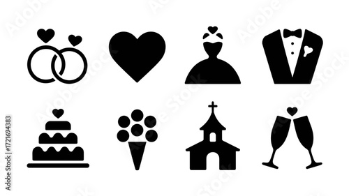 A collection of vector icons representing a union celebration, including weddings. Includes rings with hearts, formal attire, a multi-tiered cake, and celebratory drinks.