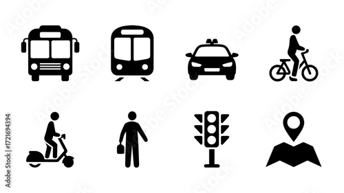 Urban transport and mobility vector icons including a bus, train, taxi, bicycle, scooter, pedestrian traffic light and map location icon.