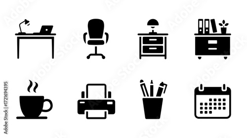 A collection of vector office icons featuring a desk with a lamp and a laptop, an office chair, a filing cabinet, a cup of coffee, a printer, pens in a cup, and a calendar.