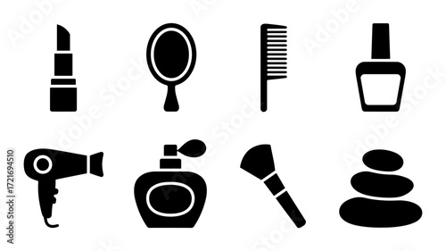 A collection of beauty and wellness vector icons, including makeup, skincare, hair styling tools, and relaxation accessories.