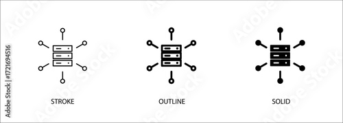 CDN icon for server, internet connection, technology. Editable vector stroke icon, outline and solid. Eps10 file.