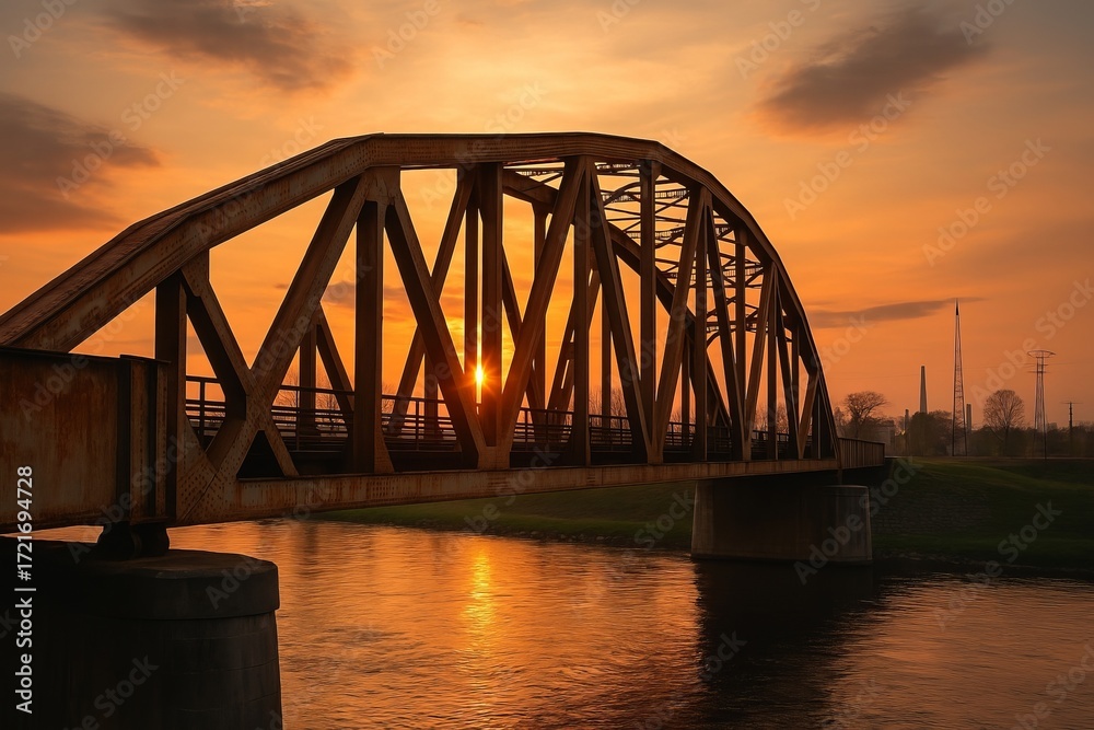 Naklejka premium Steel truss bridge silhouetted against golden sunset, reflecting on water with industrial and natural elements in harmony