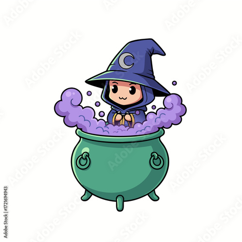 Cute cartoon witch with cauldron and magic potion, whimsical illustration
