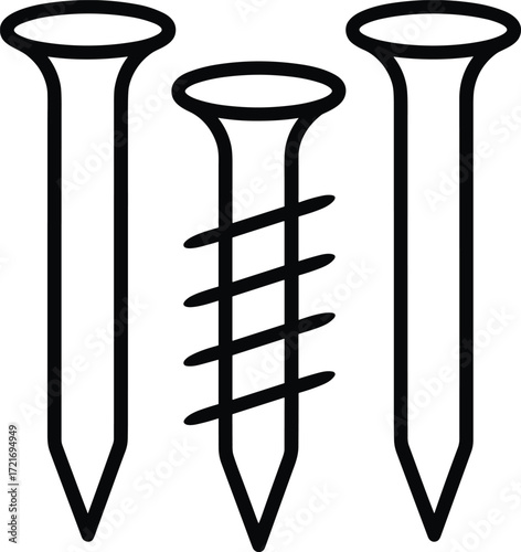 Three construction fasteners: two nails and one screw hardware