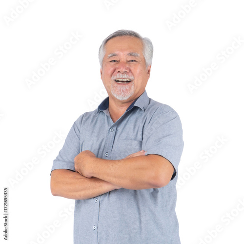 Happy senior Asian man with gray hair and beard smiling confidently with arms crossed, elderly male portrait showing positive attitude, retirement lifestyle, health, wellness, transparent background