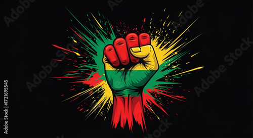 A dynamic graphic illustration of a raised fist with a paint splash background in Pan African colors symbolizing protest solidarity and empowerment.