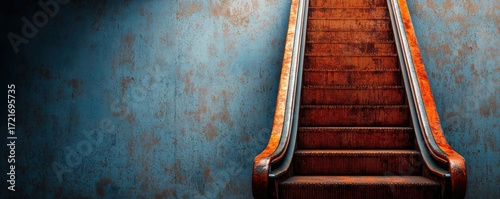 A vintage wooden escalator leading upwards in a textured wall environment.