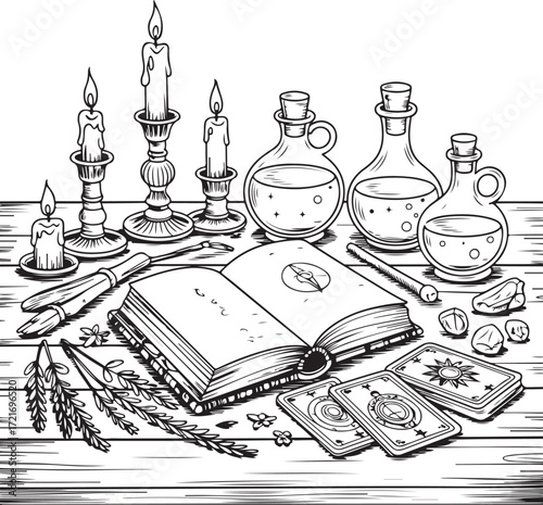 Open book with tarot cards potions candles and herbs on wooden table for divination vector