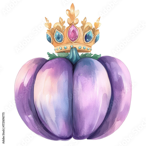 Watercolor illustration of a regal purple pumpkin wearing a golden crown.