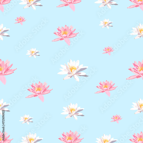 Seamless pattern Pink and white water lily light blue