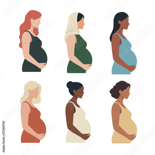 Set of pregnant women isolated on white background. Multicultural motherhood. Woman expectant baby.