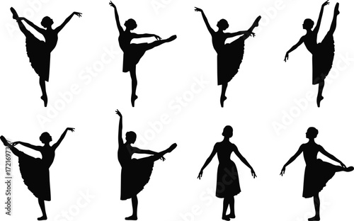 Ballet dancer silhouette, elegant ballerina poses, classical dance movement, graceful performance art, black silhouette on white, ballet flexibility, dance inspiration