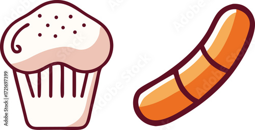 Sweet cupcake and savory sausage illustration on white background