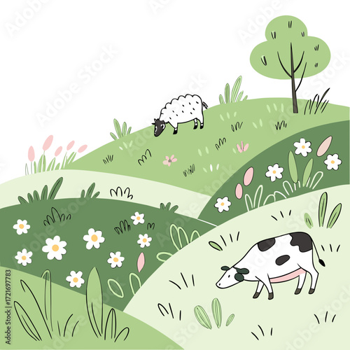 Charming illustration of a sheep and a cow grazing peacefully on rolling green hills dotted with wildflowers