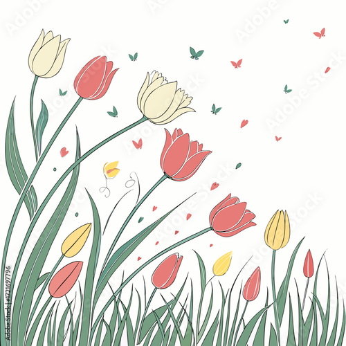 Delicate hand drawn illustration of blooming tulips in pastel colors with fluttering butterflies and hearts