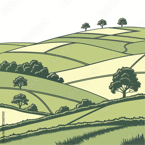 Rolling green hills and patchwork fields with trees and hedges under a white sky