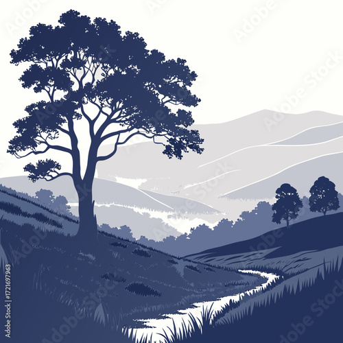 Serene blue landscape with a large silhouetted tree rolling hills and a winding stream