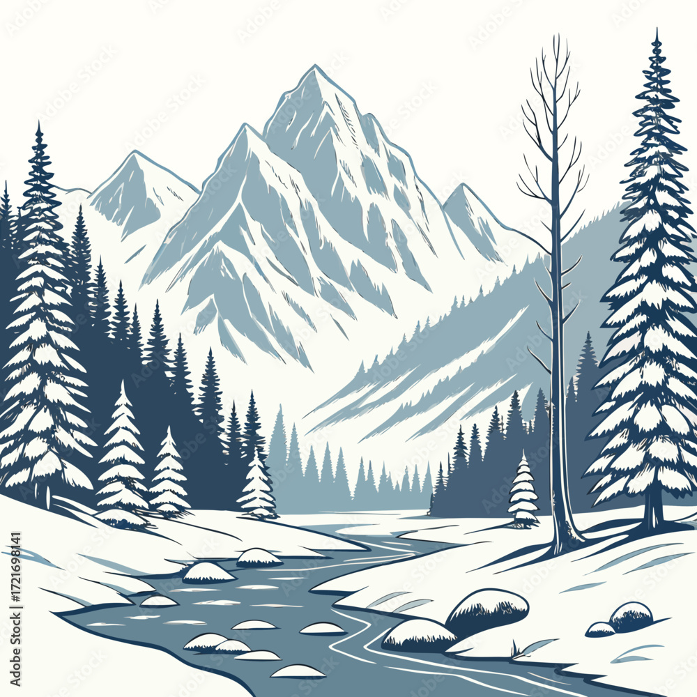 Fototapeta premium Serene winter mountain landscape with snow covered trees and a winding river